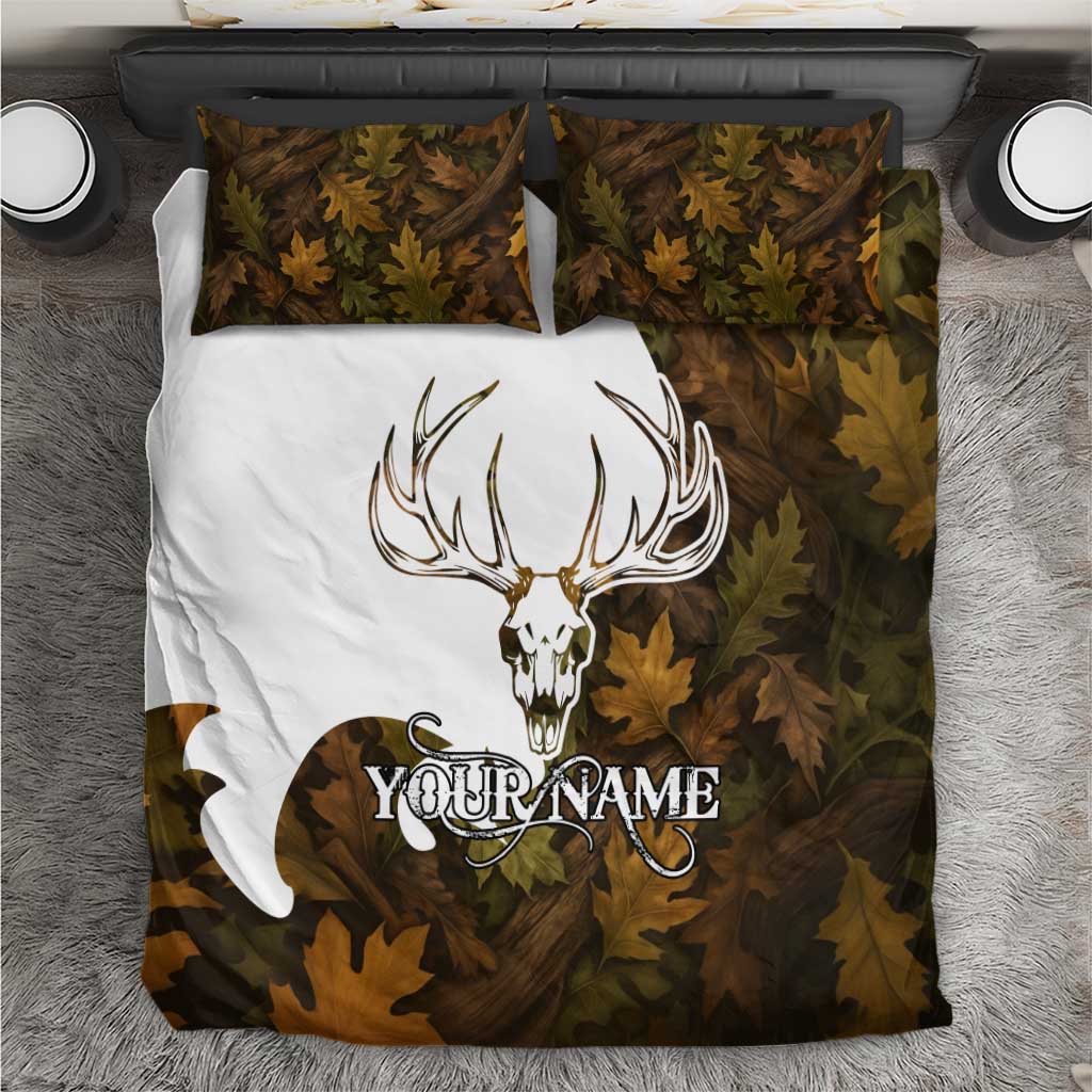 Custom Deer Hunting Skull Bedding Set with Antlers Graphic on Autumn Leaf Camo Background - Wonder Print Shop