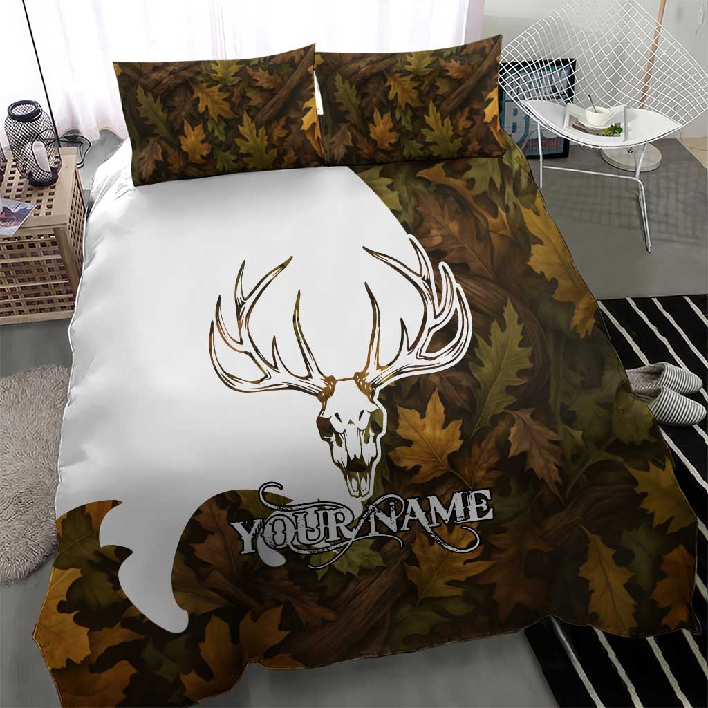 Custom Deer Hunting Skull Bedding Set with Antlers Graphic on Autumn Leaf Camo Background - Wonder Print Shop