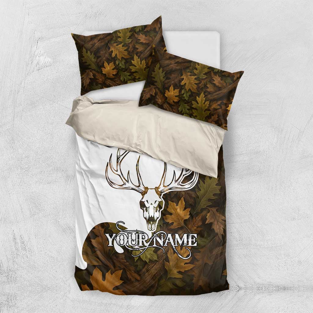 Custom Deer Hunting Skull Bedding Set with Antlers Graphic on Autumn Leaf Camo Background - Wonder Print Shop