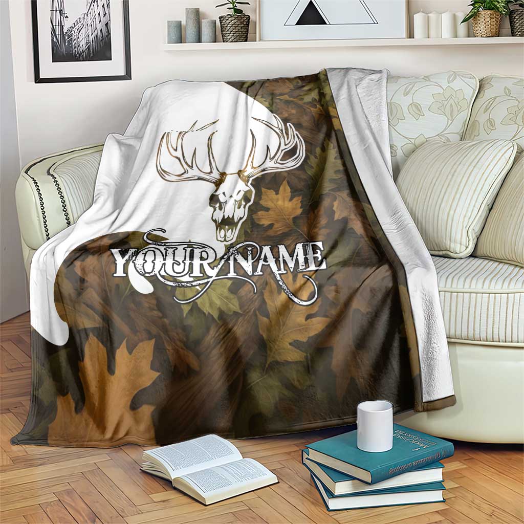 Custom Deer Hunting Skull Blanket with Antlers Graphic on Autumn Leaf Camo Background - Wonder Print Shop