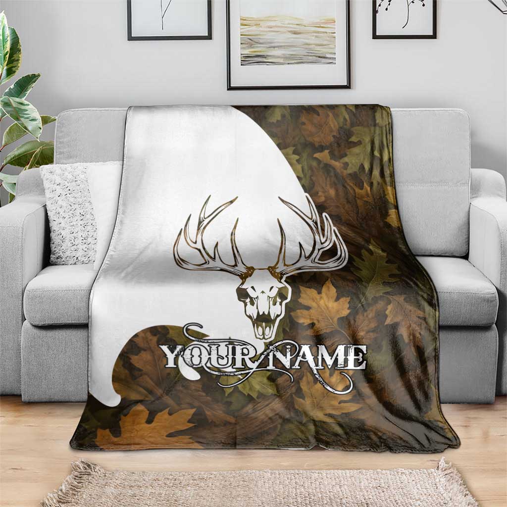 Custom Deer Hunting Skull Blanket with Antlers Graphic on Autumn Leaf Camo Background - Wonder Print Shop