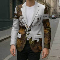 Custom Deer Hunting Skull Blazer with Antlers Graphic on Autumn Leaf Camo Background - Wonder Print Shop