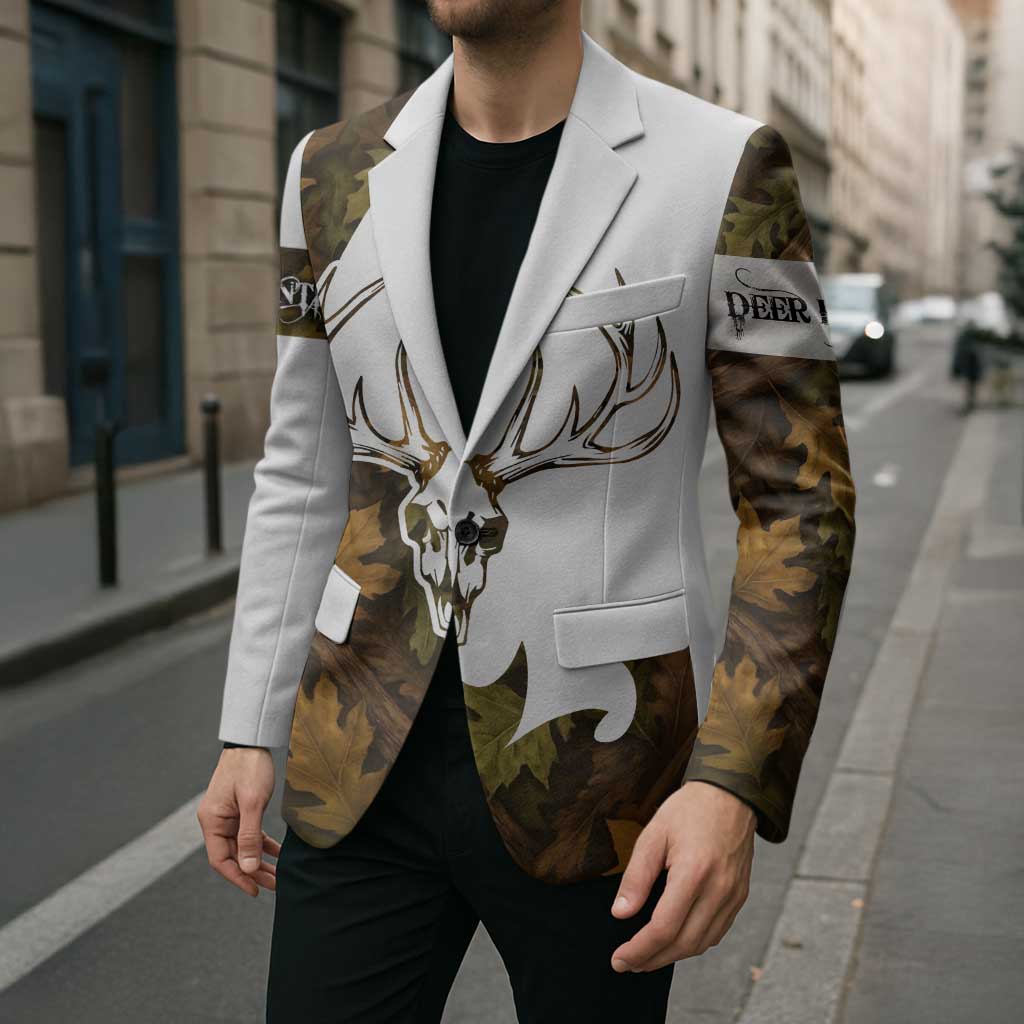 Custom Deer Hunting Skull Blazer with Antlers Graphic on Autumn Leaf Camo Background - Wonder Print Shop