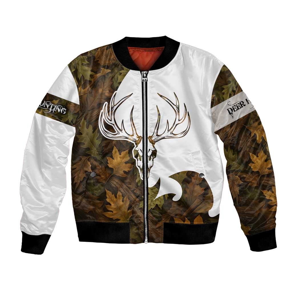 Custom Deer Hunting Skull Bomber Jacket with Antlers Graphic on Autumn Leaf Camo Background - Wonder Print Shop