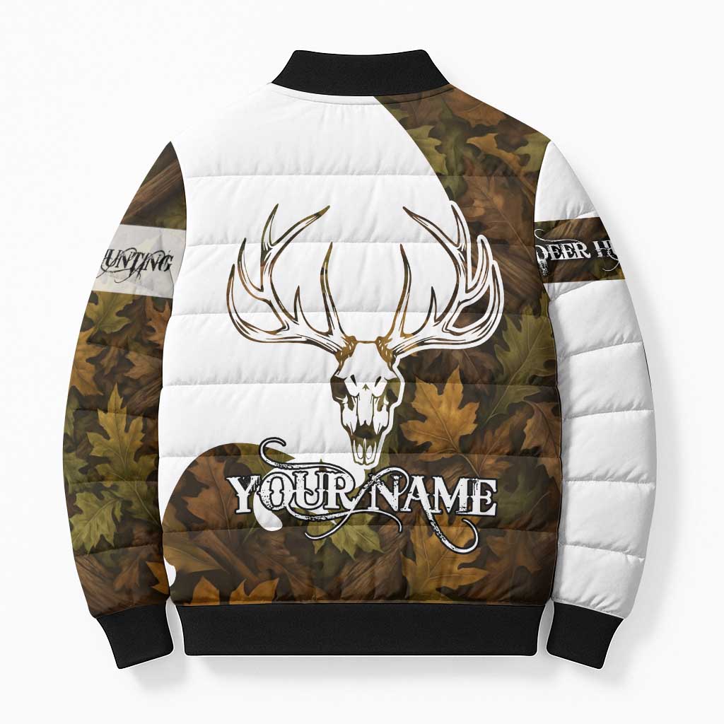 Custom Deer Hunting Skull Bomber Puffer Jacket with Antlers Graphic on Autumn Leaf Camo Background - Wonder Print Shop