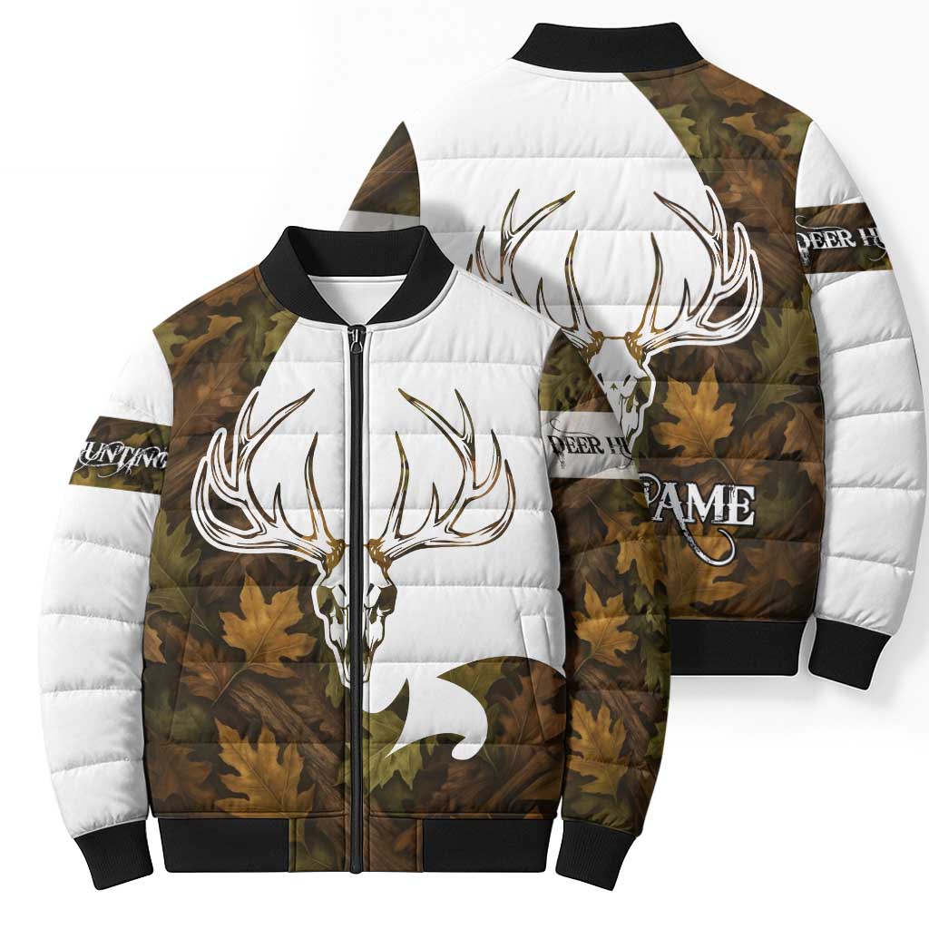Custom Deer Hunting Skull Bomber Puffer Jacket with Antlers Graphic on Autumn Leaf Camo Background - Wonder Print Shop