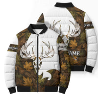 Custom Deer Hunting Skull Bomber Puffer Jacket with Antlers Graphic on Autumn Leaf Camo Background - Wonder Print Shop
