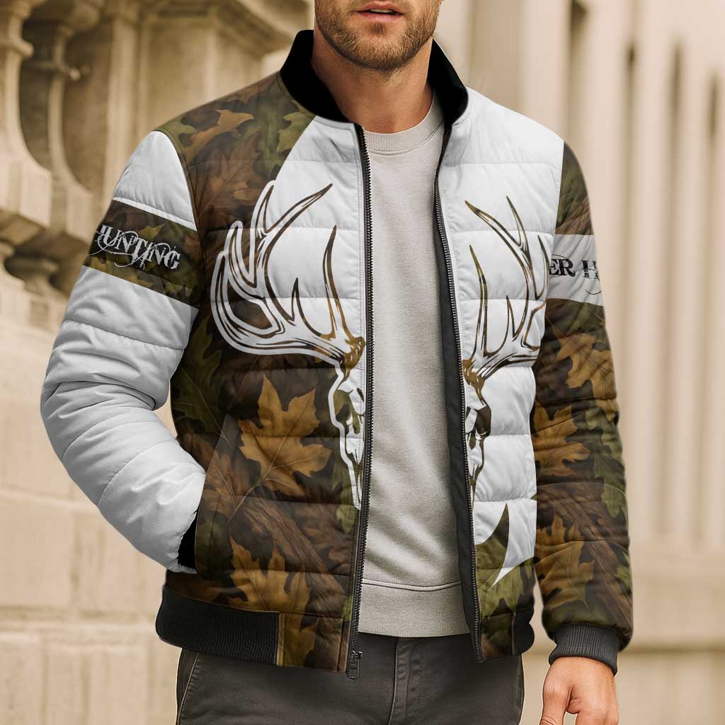 Custom Deer Hunting Skull Bomber Puffer Jacket with Antlers Graphic on Autumn Leaf Camo Background - Wonder Print Shop