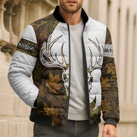 Custom Deer Hunting Skull Bomber Puffer Jacket with Antlers Graphic on Autumn Leaf Camo Background - Wonder Print Shop
