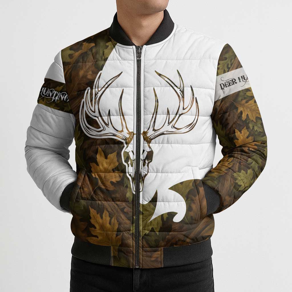 Custom Deer Hunting Skull Bomber Puffer Jacket with Antlers Graphic on Autumn Leaf Camo Background - Wonder Print Shop