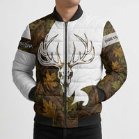 Custom Deer Hunting Skull Bomber Puffer Jacket with Antlers Graphic on Autumn Leaf Camo Background - Wonder Print Shop