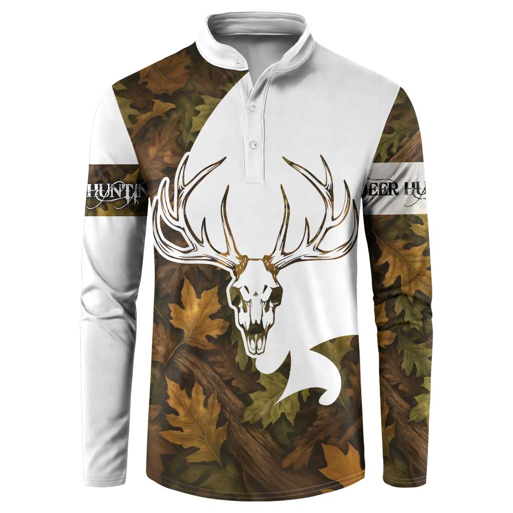 Custom Deer Hunting Skull Button Sweatshirt with Antlers Graphic on Autumn Leaf Camo Background - Wonder Print Shop