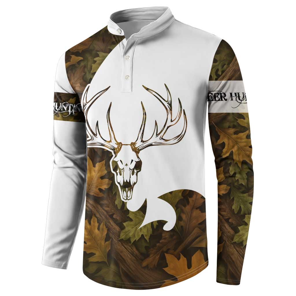 Custom Deer Hunting Skull Button Sweatshirt with Antlers Graphic on Autumn Leaf Camo Background - Wonder Print Shop