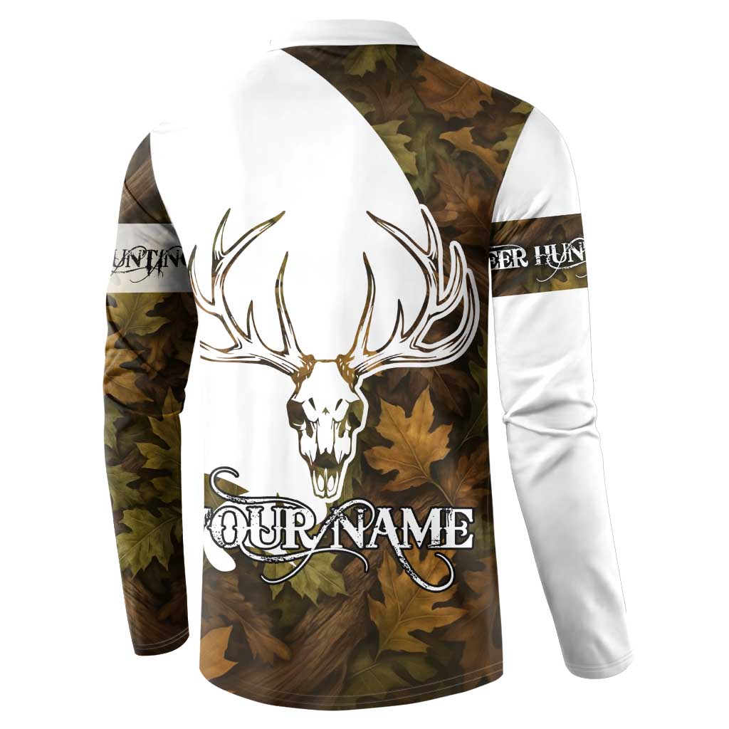 Custom Deer Hunting Skull Button Sweatshirt with Antlers Graphic on Autumn Leaf Camo Background - Wonder Print Shop
