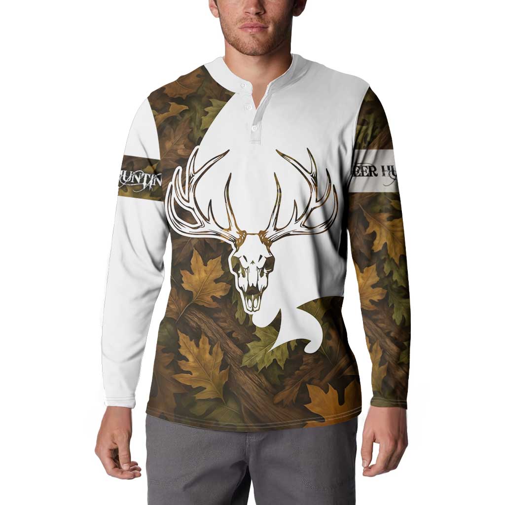 Custom Deer Hunting Skull Button Sweatshirt with Antlers Graphic on Autumn Leaf Camo Background - Wonder Print Shop