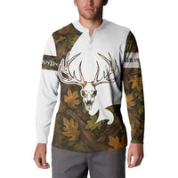 Custom Deer Hunting Skull Button Sweatshirt with Antlers Graphic on Autumn Leaf Camo Background - Wonder Print Shop