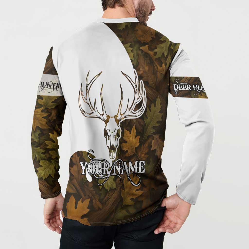 Custom Deer Hunting Skull Button Sweatshirt with Antlers Graphic on Autumn Leaf Camo Background - Wonder Print Shop