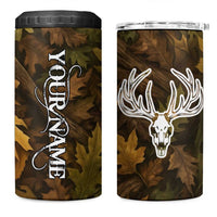 Custom Deer Hunting Skull 4 in 1 Can Cooler Tumbler with Antlers Graphic on Autumn Leaf Camo Background - Wonder Print Shop