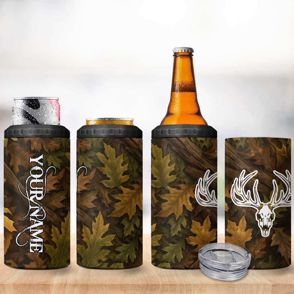 Custom Deer Hunting Skull 4 in 1 Can Cooler Tumbler with Antlers Graphic on Autumn Leaf Camo Background - Wonder Print Shop