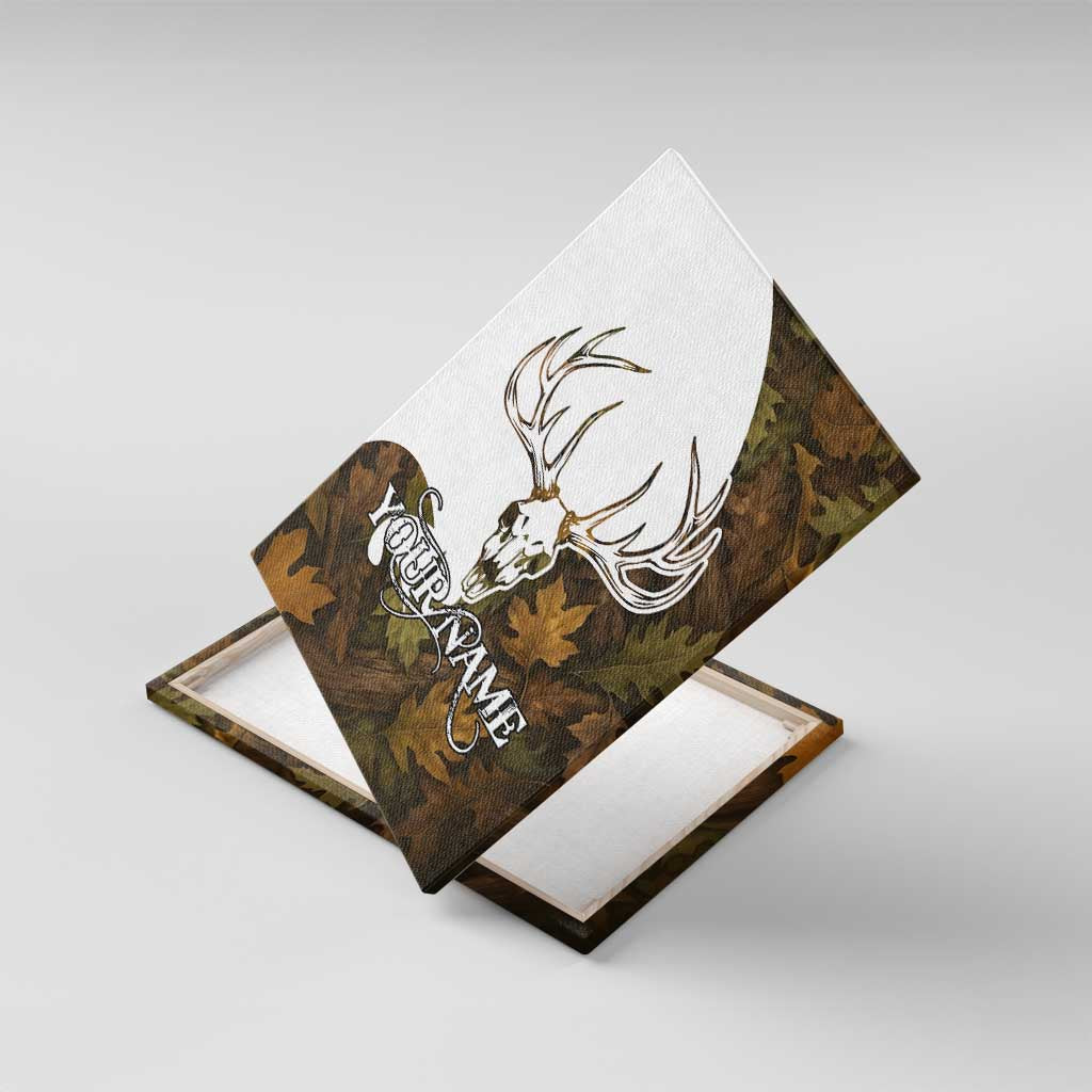 Custom Deer Hunting Skull Canvas Wall Art with Antlers Graphic on Autumn Leaf Camo Background - Wonder Print Shop