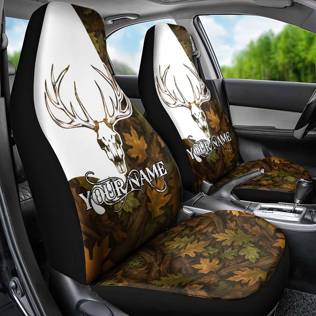 Custom Deer Hunting Skull Car Seat Cover with Antlers Graphic on Autumn Leaf Camo Background - Wonder Print Shop
