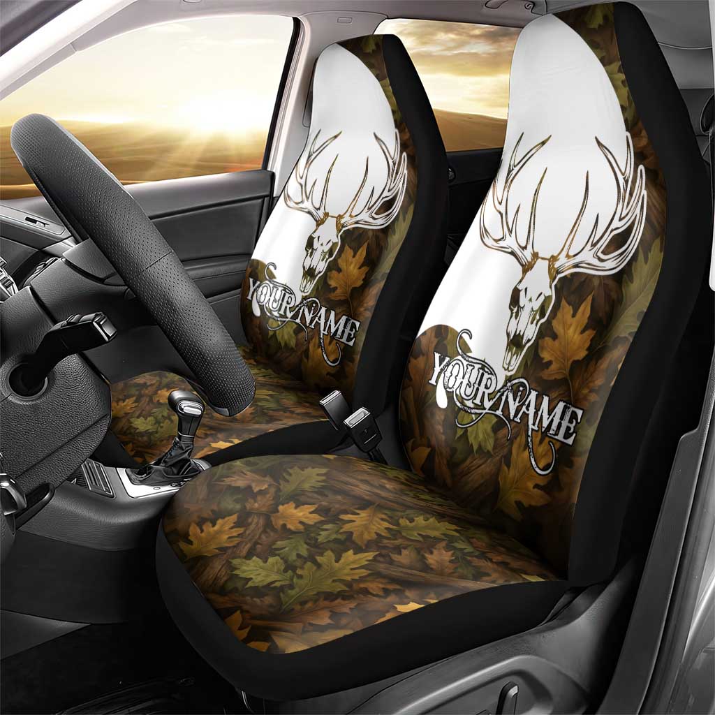 Custom Deer Hunting Skull Car Seat Cover with Antlers Graphic on Autumn Leaf Camo Background - Wonder Print Shop