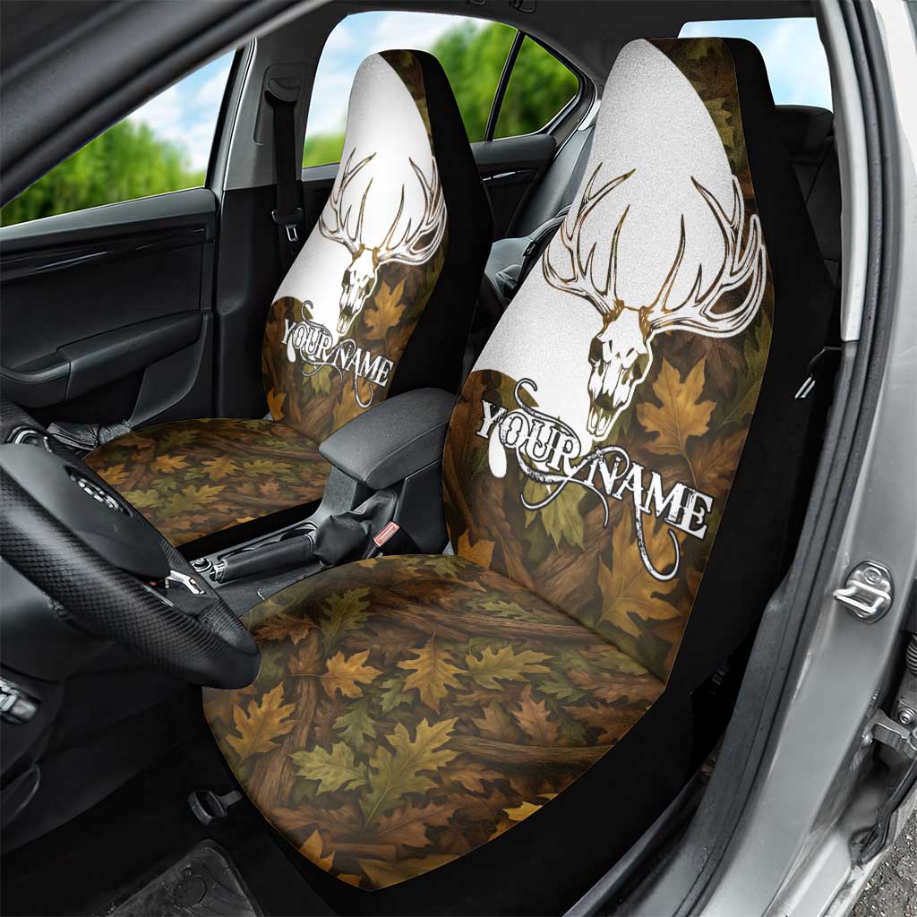 Custom Deer Hunting Skull Car Seat Cover with Antlers Graphic on Autumn Leaf Camo Background - Wonder Print Shop