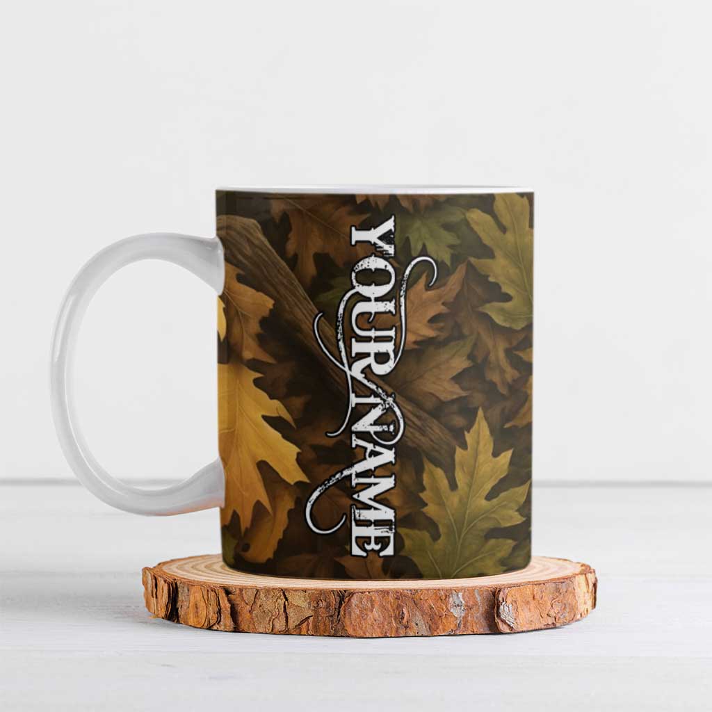 Custom Deer Hunting Skull Ceramic Mug with Antlers Graphic on Autumn Leaf Camo Background - Wonder Print Shop