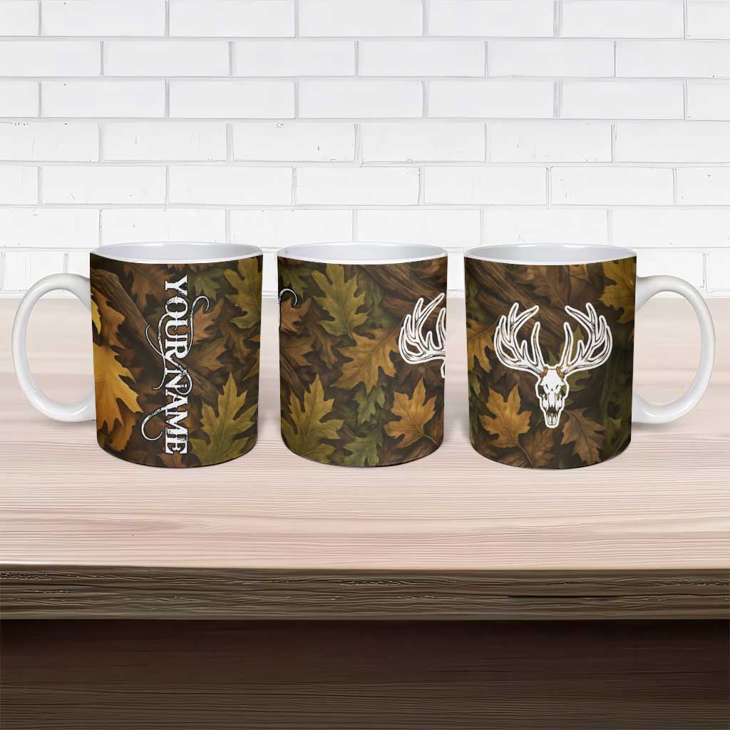 Custom Deer Hunting Skull Ceramic Mug with Antlers Graphic on Autumn Leaf Camo Background - Wonder Print Shop