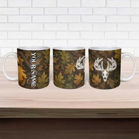 Custom Deer Hunting Skull Ceramic Mug with Antlers Graphic on Autumn Leaf Camo Background - Wonder Print Shop