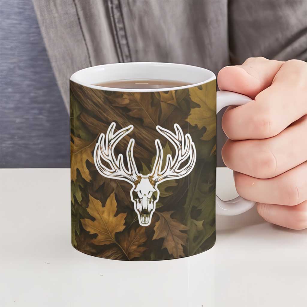 Custom Deer Hunting Skull Ceramic Mug with Antlers Graphic on Autumn Leaf Camo Background - Wonder Print Shop