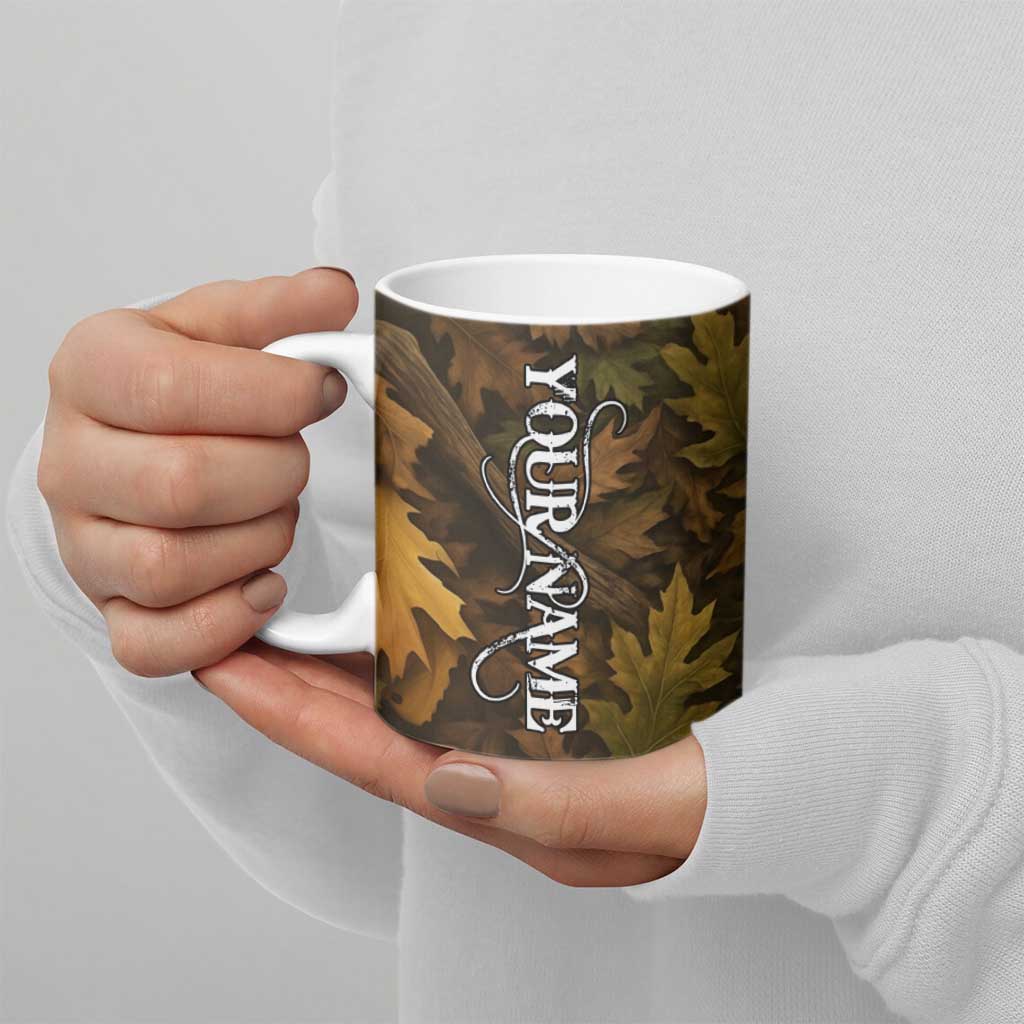 Custom Deer Hunting Skull Ceramic Mug with Antlers Graphic on Autumn Leaf Camo Background - Wonder Print Shop