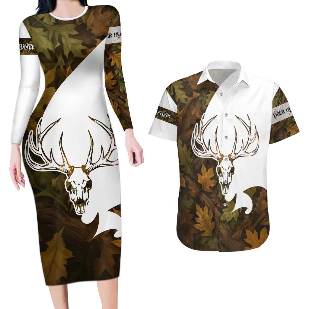 Custom Deer Hunting Skull Couples Matching Long Sleeve Bodycon Dress and Hawaiian Shirt with Antlers Graphic on Autumn Leaf Camo Background - Wonder Print Shop