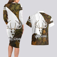 Custom Deer Hunting Skull Couples Matching Long Sleeve Bodycon Dress and Hawaiian Shirt with Antlers Graphic on Autumn Leaf Camo Background - Wonder Print Shop