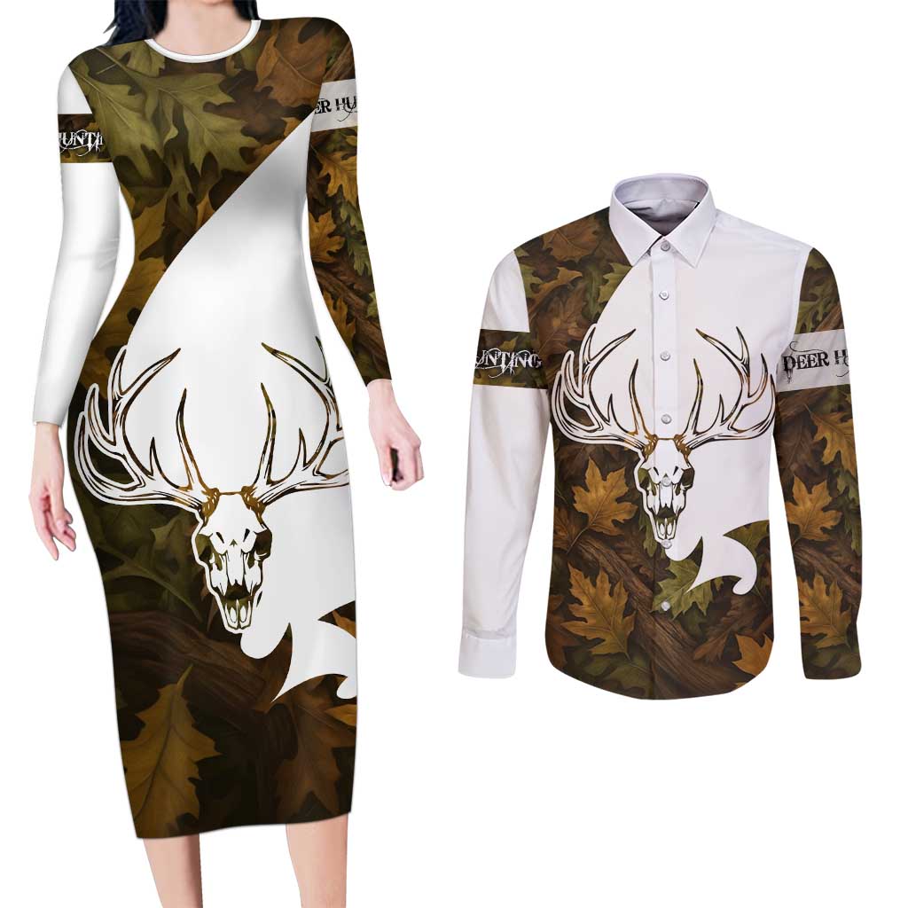 Custom Deer Hunting Skull Couples Matching Long Sleeve Bodycon Dress and Long Sleeve Button Shirt with Antlers Graphic on Autumn Leaf Camo Background - Wonder Print Shop
