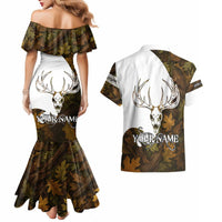 Custom Deer Hunting Skull Couples Matching Mermaid Dress and Hawaiian Shirt with Antlers Graphic on Autumn Leaf Camo Background - Wonder Print Shop