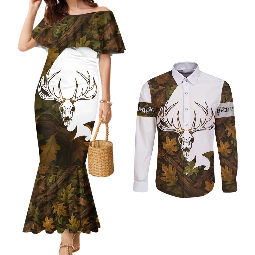 Custom Deer Hunting Skull Couples Matching Mermaid Dress and Long Sleeve Button Shirt with Antlers Graphic on Autumn Leaf Camo Background - Wonder Print Shop