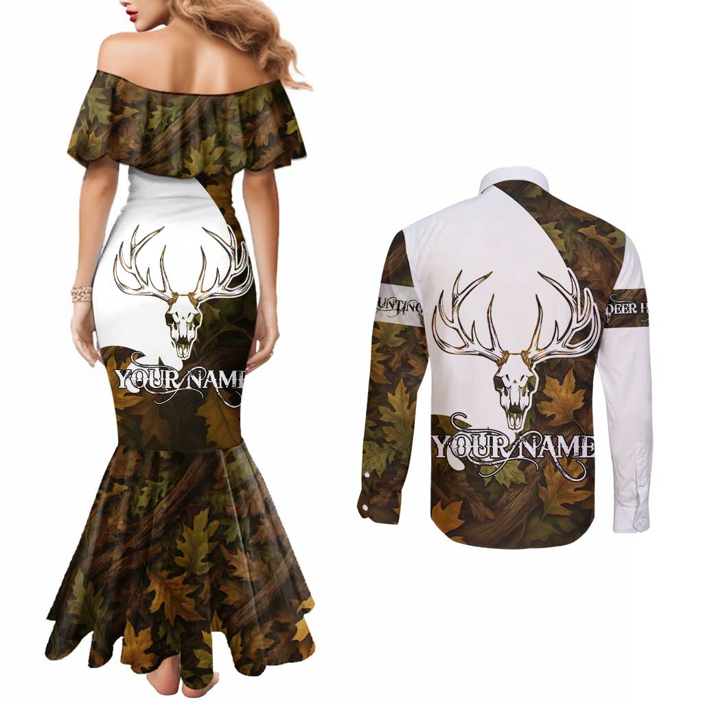 Custom Deer Hunting Skull Couples Matching Mermaid Dress and Long Sleeve Button Shirt with Antlers Graphic on Autumn Leaf Camo Background - Wonder Print Shop
