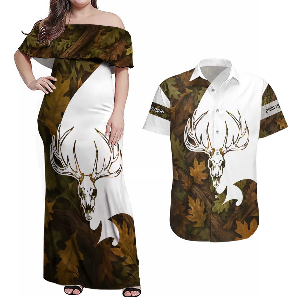 Custom Deer Hunting Skull Couples Matching Off Shoulder Maxi Dress and Hawaiian Shirt with Antlers Graphic on Autumn Leaf Camo Background - Wonder Print Shop
