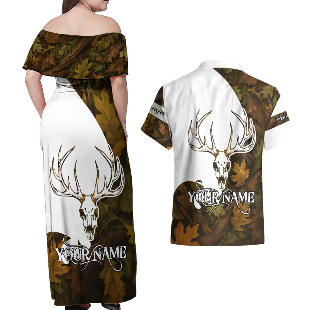 Custom Deer Hunting Skull Couples Matching Off Shoulder Maxi Dress and Hawaiian Shirt with Antlers Graphic on Autumn Leaf Camo Background - Wonder Print Shop