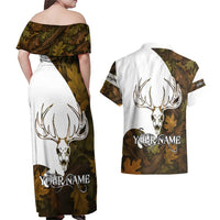 Custom Deer Hunting Skull Couples Matching Off Shoulder Maxi Dress and Hawaiian Shirt with Antlers Graphic on Autumn Leaf Camo Background - Wonder Print Shop