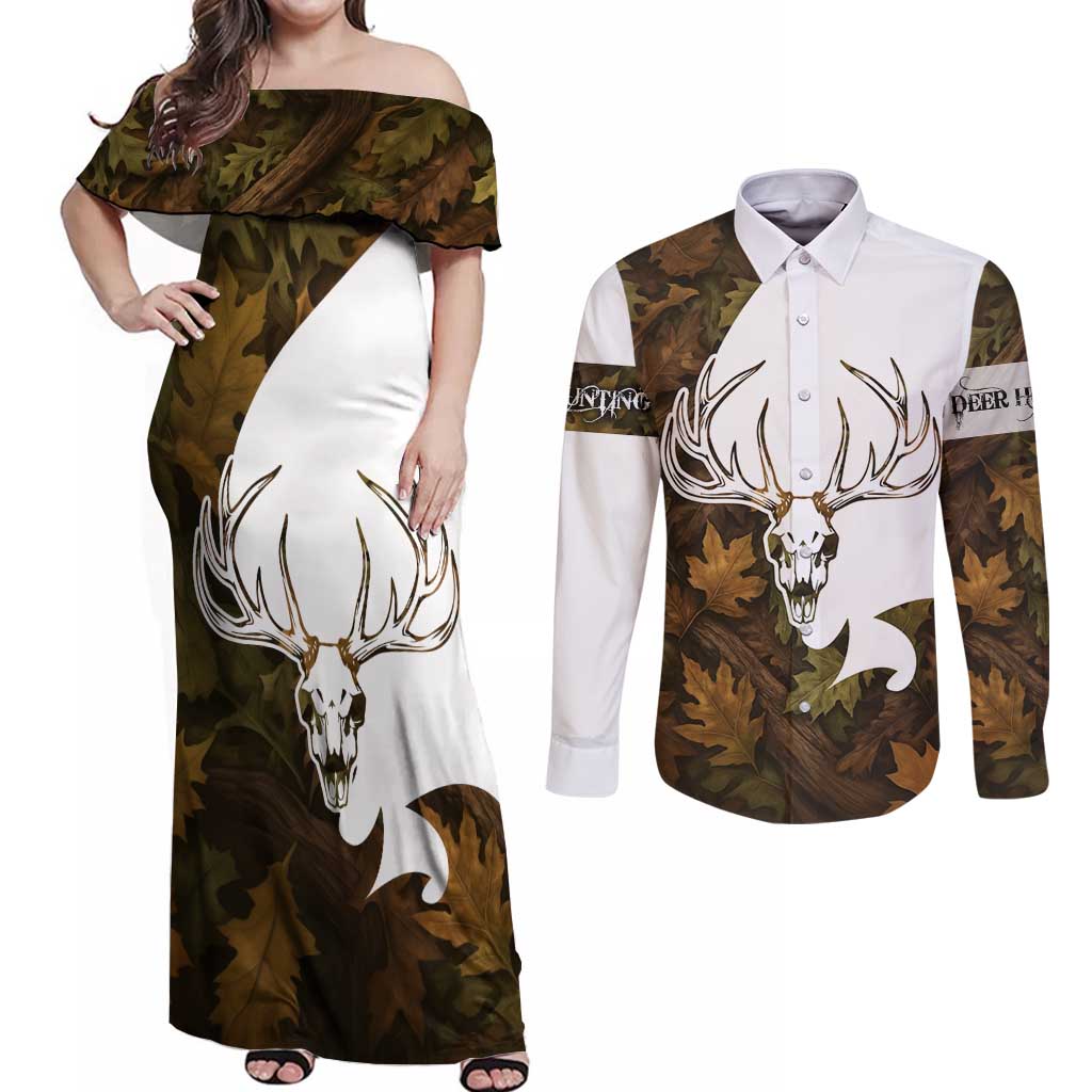 Custom Deer Hunting Skull Couples Matching Off Shoulder Maxi Dress and Long Sleeve Button Shirt with Antlers Graphic on Autumn Leaf Camo Background - Wonder Print Shop