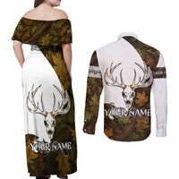 Custom Deer Hunting Skull Couples Matching Off Shoulder Maxi Dress and Long Sleeve Button Shirt with Antlers Graphic on Autumn Leaf Camo Background - Wonder Print Shop