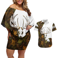 Custom Deer Hunting Skull Couples Matching Off Shoulder Short Dress and Hawaiian Shirt with Antlers Graphic on Autumn Leaf Camo Background - Wonder Print Shop
