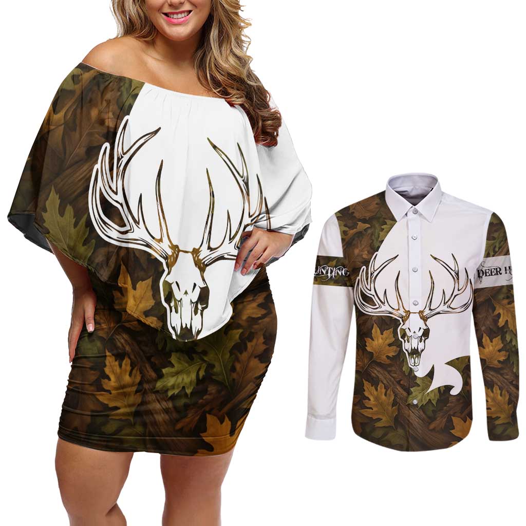 Custom Deer Hunting Skull Couples Matching Off Shoulder Short Dress and Long Sleeve Button Shirt with Antlers Graphic on Autumn Leaf Camo Background - Wonder Print Shop
