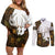 Custom Deer Hunting Skull Couples Matching Off Shoulder Short Dress and Long Sleeve Button Shirt with Antlers Graphic on Autumn Leaf Camo Background - Wonder Print Shop