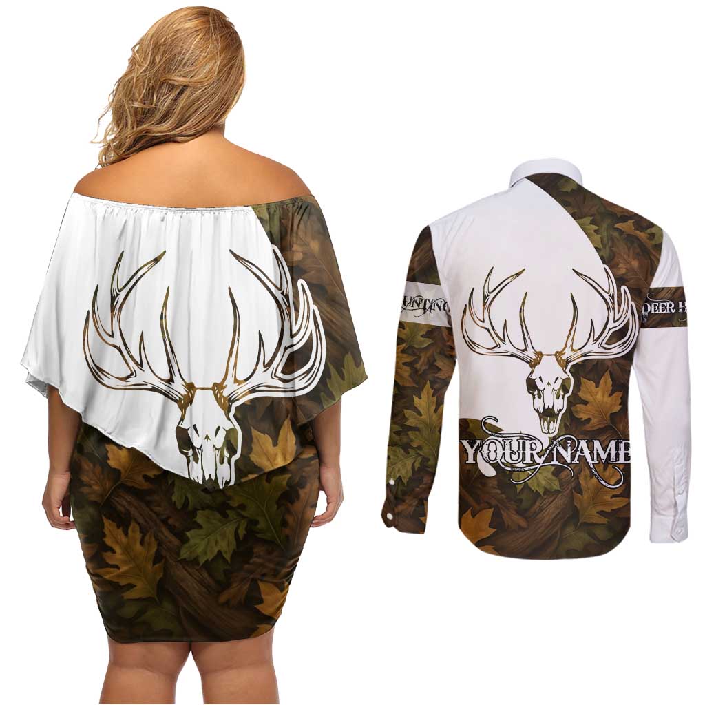 Custom Deer Hunting Skull Couples Matching Off Shoulder Short Dress and Long Sleeve Button Shirt with Antlers Graphic on Autumn Leaf Camo Background - Wonder Print Shop
