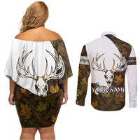 Custom Deer Hunting Skull Couples Matching Off Shoulder Short Dress and Long Sleeve Button Shirt with Antlers Graphic on Autumn Leaf Camo Background - Wonder Print Shop