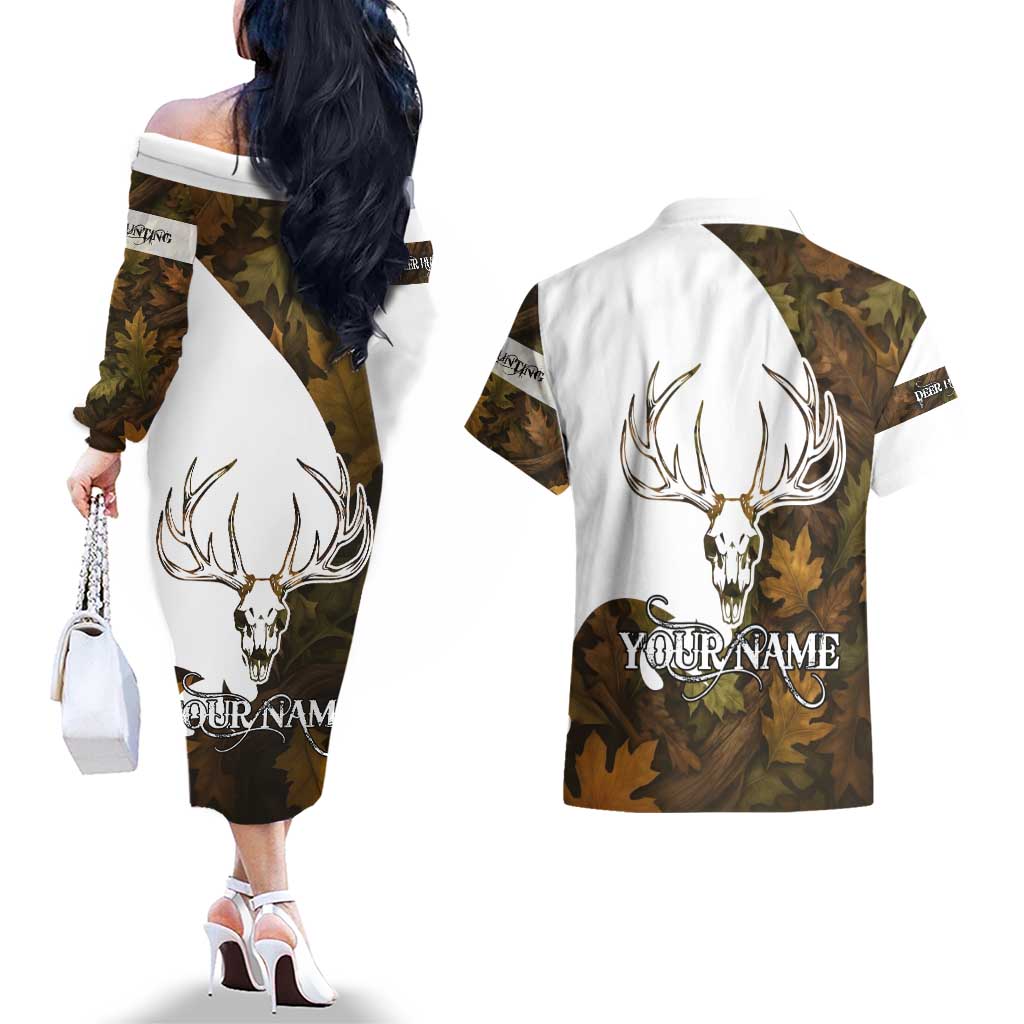 Custom Deer Hunting Skull Couples Matching Off The Shoulder Long Sleeve Dress and Hawaiian Shirt with Antlers Graphic on Autumn Leaf Camo Background - Wonder Print Shop