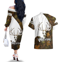 Custom Deer Hunting Skull Couples Matching Off The Shoulder Long Sleeve Dress and Hawaiian Shirt with Antlers Graphic on Autumn Leaf Camo Background - Wonder Print Shop